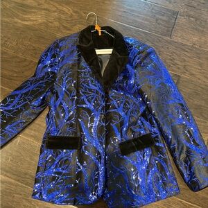 Amazon Black and Blue Sequin Floral Velvet Trim Blazer